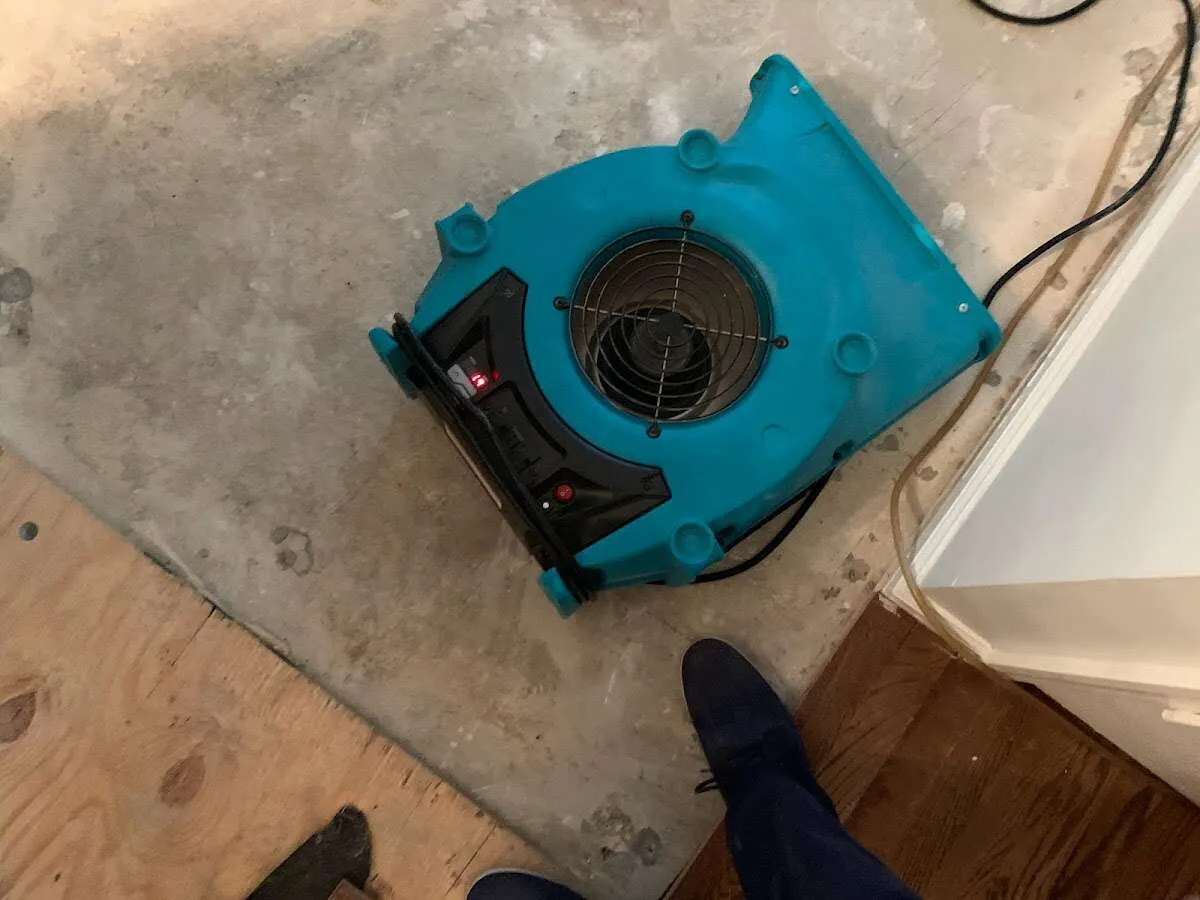 Air mover drying subfloor during Leak Detection & Repair in Upper Mount Bethel